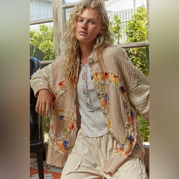 POL “ Peacekeeper Gauze “ Button Down Patchwork Shirt | Beige - Picture 1 of 10